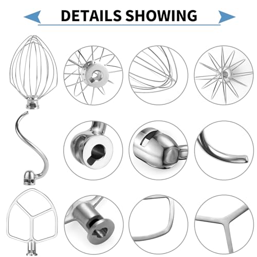 Stainless 3 Piece kit Attachments for KitchenAid 5 Plus- 6QT Mixer - size: Wire Whip+Dough Hook+Flat Beater