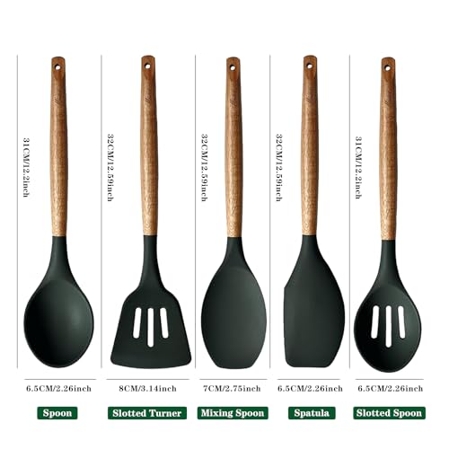 Non-Stick Silicone Cooking Utensils Set with Natural Acacia Hard Wood Handle, 5 Piece, High Heat Resistant (Green) - color: Green