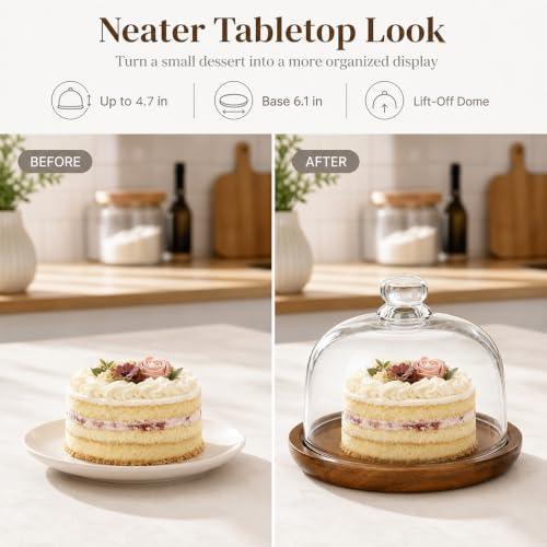 QWORK 6 Inch Small Cake Stand with Glass Dome, 6.1" Wood Serving Tray and Clear Cloche for Cupcakes, Dessert, Cheese, Pastry – Decorative Tabletop Display Plate