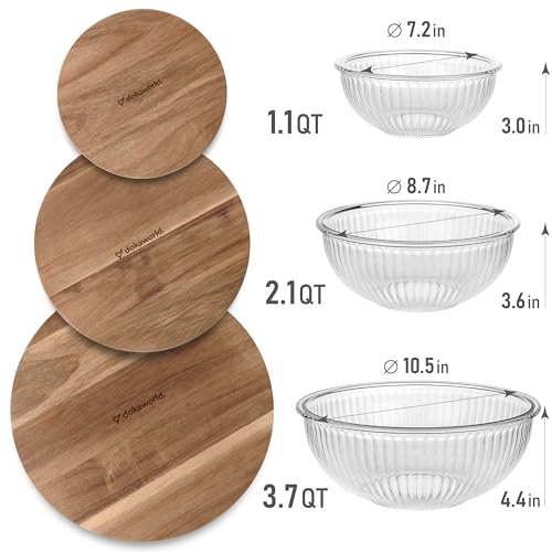 Set of 3 Stackable Space-Saving Nesting Glass Salad Bowls with Acacia Lids for Foodprep, Storage, Baking, Mixing & Cooking - Microwave Safe Durable Inert Borosilicate Glass