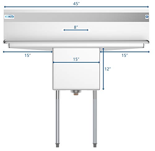 KoolMore 1 Compartment Stainless Steel NSF Commercial Kitchen Prep & Utility Sink with 2 Drainboards - Bowl Size 15" x 15" x 12", Silver - size: 2 Drainboards