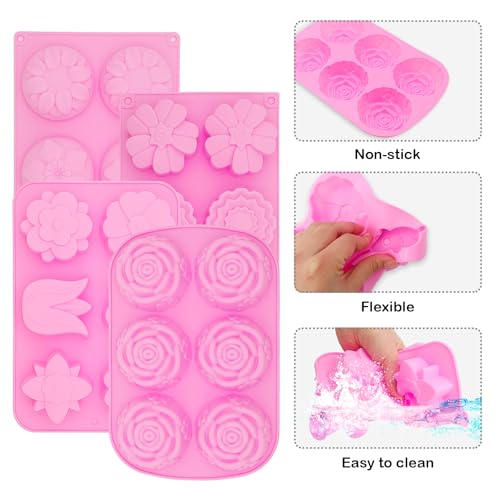4 Pcs Flower Soap Molds Rose Silicone Molds Cake Molds Floral Chocolate Mold Set for Home Handmade DIY Candle Baking Tray Bars Wax Melts Tool - size: Flower