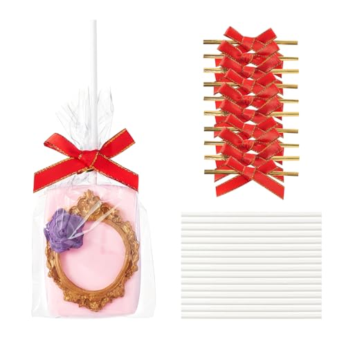 JCXGRVC 50pcs 4" x6"Clear Rice Krispie Treat Bags with Sticks and Ties Bows - color: Red