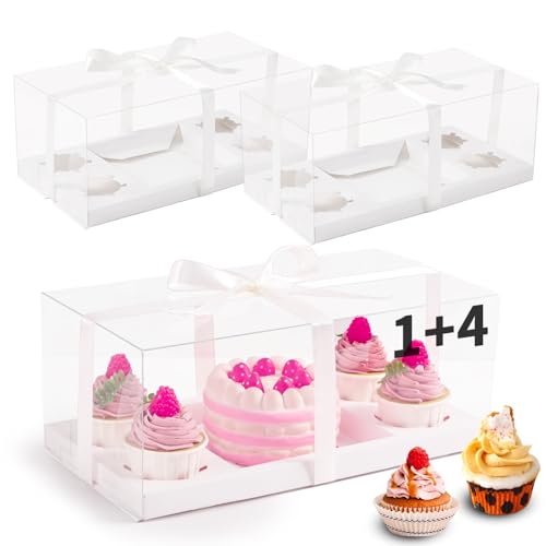 JCD 9 Pcs Clear Cupcake Boxes Combo,Cakes and Cupcakes Box 1+4 Bento Box Clear Bento Cakes Boxes Fit 4 Cupcake and 1 Mini Cake for Valentine Wedding Birthday(1+4/9Pcs) - size: Clear 1+4/9Pcs
