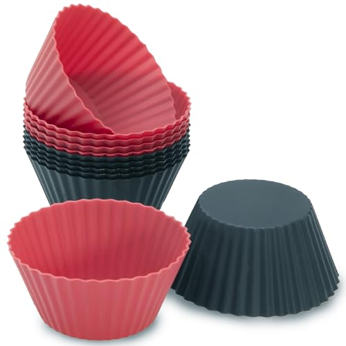 Freshware Cupcake Liners - Pack of 12 Silicone Muffin Cups, 2.8 Inch Baking Cups, Reusable & Non-stick for Party, Halloween, Christmas, Round - color: Red & Black Round [12-Pack]