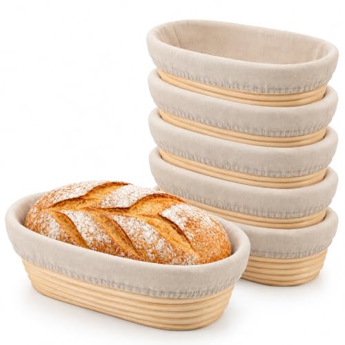 6 Pack 10 Inch Oval Banneton Bread Proofing Basket, Rattan Sourdough Bread Baskets with Liners for Home Baking - size: 10"Oval Basket-6 PCS