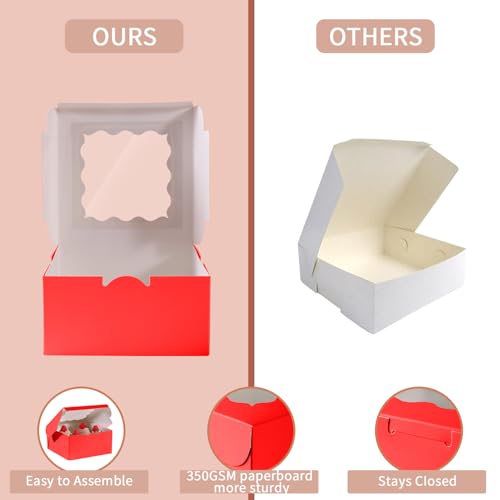 36 pcs 6x6x3 Inches Small Cake Box with Window, Bakery Pastry Cookie Boxes, Mini Pie for Pastry,Dessert,Strawberries,Chocolates, Cupcakes with paper stickers (Red) - color: Red/36pcs