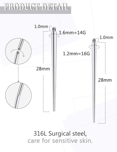 14G 16G Piercing Taper Insertion Pin for Internally Threaded Nose Septum Lip Belly Rings Labret Monroe Medusa Tragus Helix Cartilage Earrings Stud Piercing Jewelry Taper Insertion Tool 10Pcs - style: 16G-14G Straight