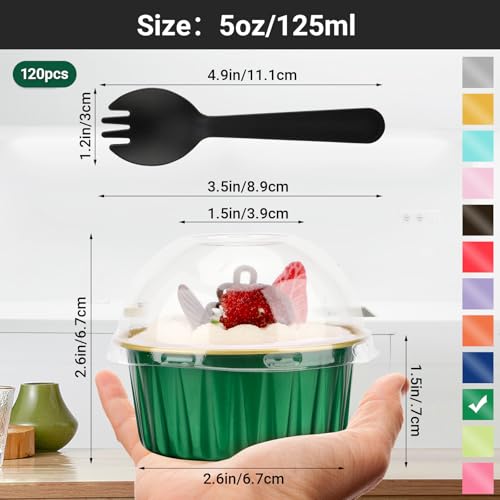 EUSOAR Cupcake Liners and Sporks Individually Wrapped, 120pcs 5oz Disposable Ramekins Aluminum Mini Muffin Pans with Lids, Foil Baking Cups Creme Brulee Holders for Picnic Wedding Birthday Gathering - color: Emerald/Gold