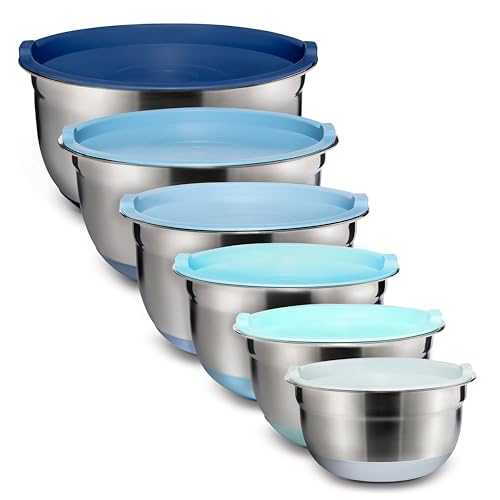 COOK WITH COLOR Stainless Steel Mixing Bowls Set with Lids - Nesting Bowls with Non-Slip Bottom, Blue, 12 Pieces - color: Blue, size: 12 Pieces