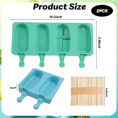 Silicone Popsicle Molds, 2 Pcs Blue and Green Popsicles Molds, 4 Cavities Ice Cream Mold with 50 Wooden Sticks for Making Cakesicles Fudgesicle Candy DIY Cake Ice Pop Summer Party Supplies - color: Blue and Green