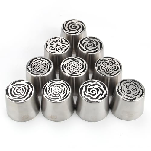 10 Pieces Extra Large Stainless Steel Russian Flower Piping Tips Kit - color: SILVER SET2