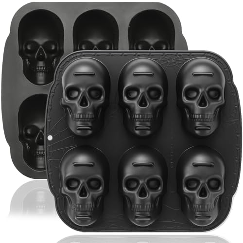 HKNMTT Skull Silicone Baking Pan for Halloween Pizza Cake, 6 Cavities 3D Large Molds, Nonstick Skeleton Head for Soap Ice Tray Oven Safe - style: Skull 2PCS