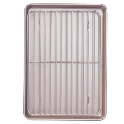13-inch Baking Sheet Pan with Rack, Non-Stick Rectangular Shallow Dish Sheet Pan with Wire Rack for Oven Baking, BBQ, Jelly Roll and Roasting 13.5" x 9.6" x 1" (Champagne Gold) - size: 13 Inch