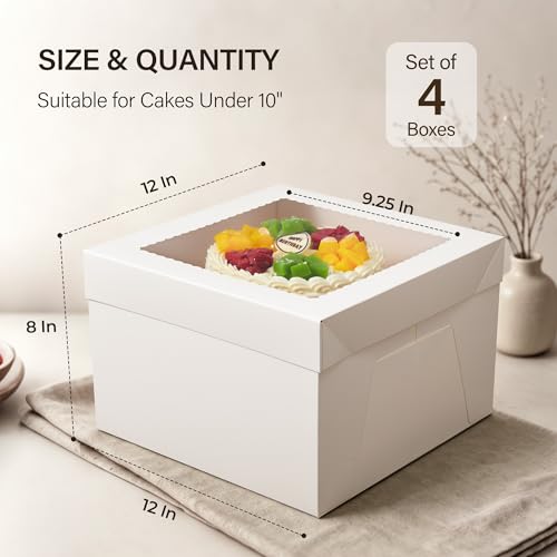 Kootek 4 Pack Cake Boxes 12 inch, 12x12x8 Tall Cake Box with Clear Window - size: 12x12x8 in