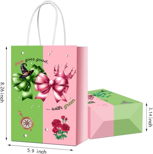 Junyaoii 16pcs Witch theme Dessert Bag, 6.3 * 3 * 8.2inch,Witch paper Bags for Candy Party Favors,Green and Pink gift Bags, Birthday Party Decorations