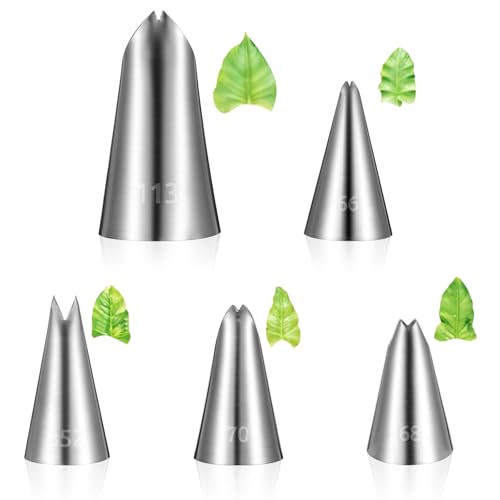 5pcs Leaf Piping Tips, Cake Decorating Tube Tips Set Leaf Shape Piping Tip for Cupcakes Stainless Steel Icing Nozzles for Pastry Fondant DIy Baking Tools Flower Nails Cake Decorating Tools