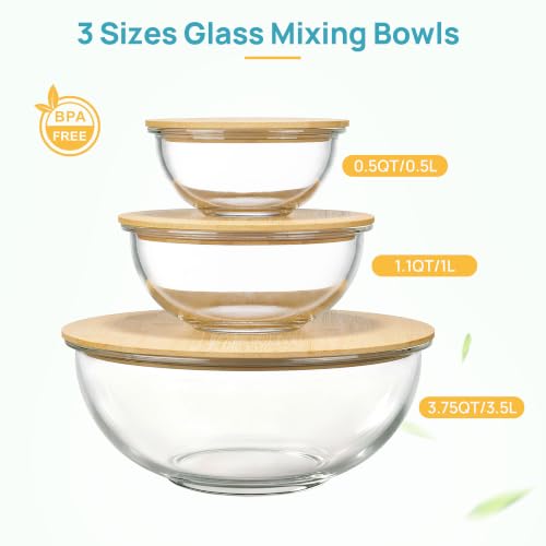 Vtopmart 3 Pack Glass Mixing Bowls with Bamboo Lids, Nesting Set - style: 3-piece set