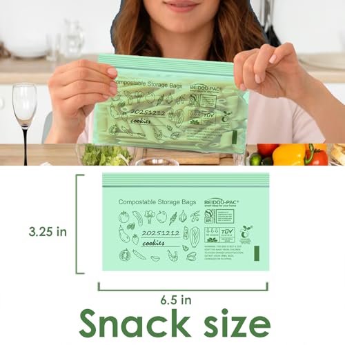 BEIDOU-PAC Compostable Snack Storage Zip Bags, 100 Count | 2 Mil | 6.5 IN x 3.25 IN, Freshness Easy Open Biodegradable Eco-Friendly Reclosable Compost Zipper Bags for Food On the Go - style: Zip | snack 100 count