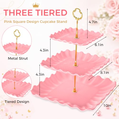 6 Pack of Plastic Square Dessert Cupcake Stand, 3 Tier Pink Cup Cake Holder Display Tower Dessert Tiered Serving Trays for Wedding Birthday Baby Shower Tea Party Decorations