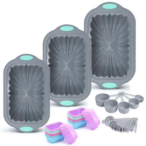 To encounter 44 Pieces Silicone Cake Pan Set, 3 Sizes Silicone Fluted Bread Pan with Reusable Baking Cups, Food Grade Baking Mold for Brownie, Bread, Muffin, Light Grey - size: 44 Pcs Bread Loaf Pan