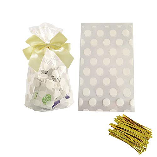 Tim&Lin White Polka Dot Clear Cello Candy Favor Bags,Cellophane Cookie Treat Plastic Bags,With Gold Twist Ties, Pack of 50 - color: White Polka Dot/50PCS