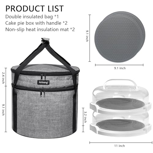 2 Pack Pie Containers with Lids and Handles, Includes Insulated Bags and Non-Slip Heating Pads, BPA Free Pie and Cheesecake Containers, Thanksgiving Gifts - color: Gray