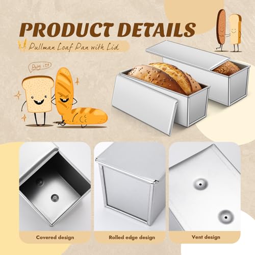 2 Pack 2 lb 13 x 4 Inch Pullman Loaf Pan with Lid Dough Capacity Bread Loaf Pan with Cover, Nonstick and Quick Release Coating for Home Bakeware Bread Toast Oven Baking(Silver)