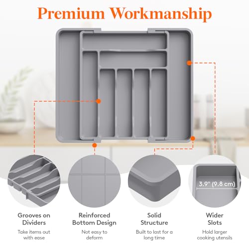 Lifewit Expandable Silverware Drawer Organizer, Kitchen Utensil Tray - color: Gray, size: Large Deep（11.8-19.6'W x 15''D）