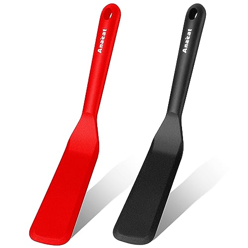 Anaeat Silicone Thin Spatula Set of 2 - Mini Brownie Serving Spatulas - Non Stick Spurtle Turner for Easy Cooking Eggs, Omelet, Pancake, Burgers, Pizza, Steak, Crepes, Heat Resistant & BPA Free - color: 2 Pcs Thin Spatulas (Black & Red), size: Thin Spatul
