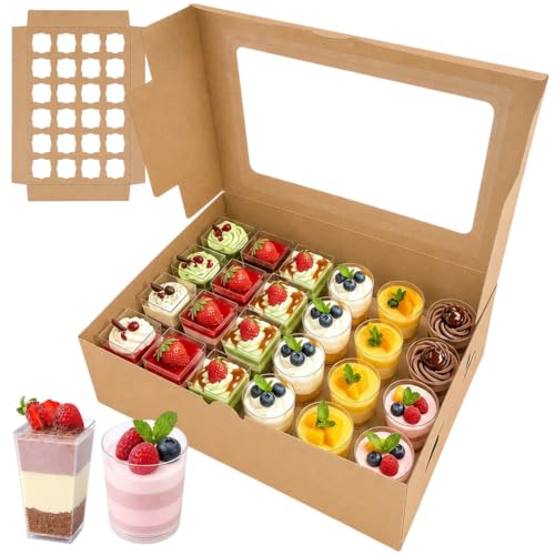 Dessert Shooter Boxes, Cupcake Boxes, 2 Pack Mini Cupcake Container for 24 Count 3oz Dessert Shooters with Window & Inserts, Easy Transport & Presentation Dessert Boxes for Events, Weddings & Home Use