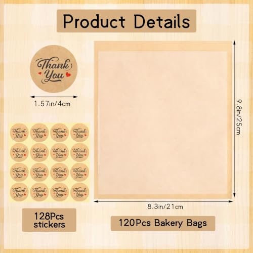 120 Pack Cookie Packaging Bags with Stickers, 8.3×9.8 In Paper Bakery Bags - size: 8.3" x 9.8"