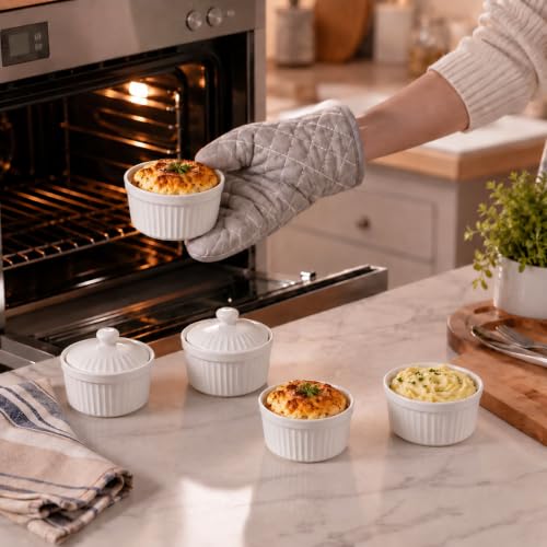 Ceramic Ramekins with Lids, 5.5 Oz Kitchen Containers, 5 Pack - color: White