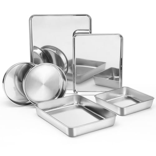 E-far Stainless Steel Baking Pan Set, 6-Piece Metal Bakeware Sets Include Cookie Sheet, Round Square Rectangle Cake Pans, Non-toxic & Dishwasher Safe - size: 6-Piece Set