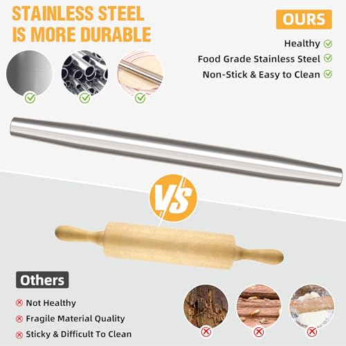 AMUZHI Smooth Seamless Stainless Steel Rolling Pin, 16,7Inch - size: 16.7in + No Mat