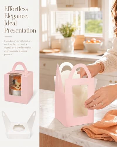 Bakepacker Auto-pop up Cupcake Boxes, Pink, 3.7 x 3.7 x 4.3 inch, 25 Count - color: Pink, size: 3.7x3.7x4.3inch/25packs