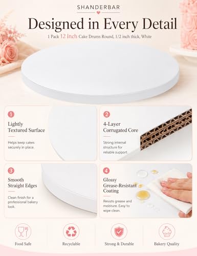 1 Pack 12 Inch Cake Drums Round, Sturdy 1/2 Inch Thick White Cake Boards - size: 12 Inch