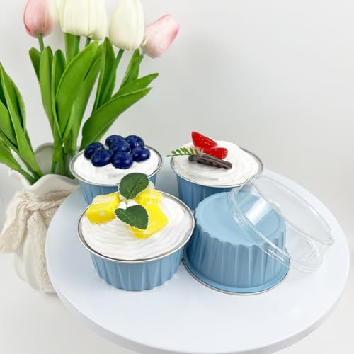 100Pcs Aluminum Cups with Lids,5oz Disposable Ramekin Baking Cups Muffin Liners Mini Pie Pans Foil Cupcake Containers for Christmas Party Wedding Party,Sky Blue - color: Sky Blue