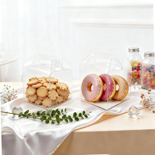 24 Pack Clear Boxes for Treats,4inch Macaron Containers with Handle, Clear Candy Carrier (24,only box) - color: Clear(only box)