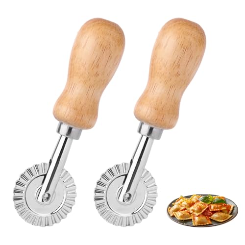 2pcs Fluted Pastry Cutter Wheels, Zinc Alloy Short Ravioli & Pasta Crimper Cutter with Wooden Handle Dough Roller Cracker Maker Tool for Home Kitchen Pizza Cookies Pie Crust Dumplings