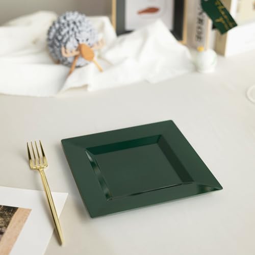 100 Pack Green Plastic Square Dessert Plates, 6.5" Disposable Salad Plates - color: Green