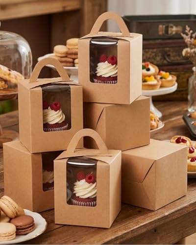 qiqee 60pcs Auto Pop-up Cupcake Boxes Individual Disposable Brown Single Box with Window 3.7"x3.7"x4.5" Cupcake Containers/Holders - color: Brown, size: 60Pcs, One Holder
