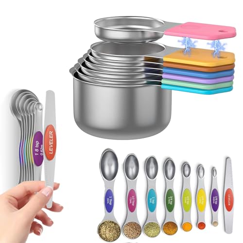 Magnetic Measuring Cups and Spoons Set, N52 Magnetic Nesting Design magnetic spoons, 304 Stainless Steel measuring cups, Dual-sided Design Set of 15 with Leveler for Dry & Liquid Ingredients - color: colorful
