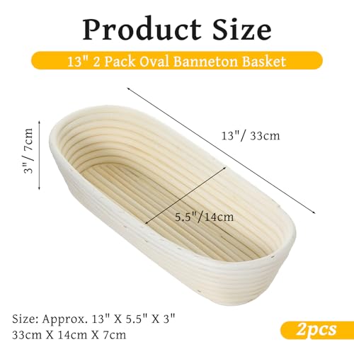 2 Pack 13 Inch Oval Bread Proofing Basket,Banneton Basket Bread Baking Bowl with Linen Liner Cloth, Perfect for Professional & Home Sourdough Breads Baking, Artisan Sourdough Breads