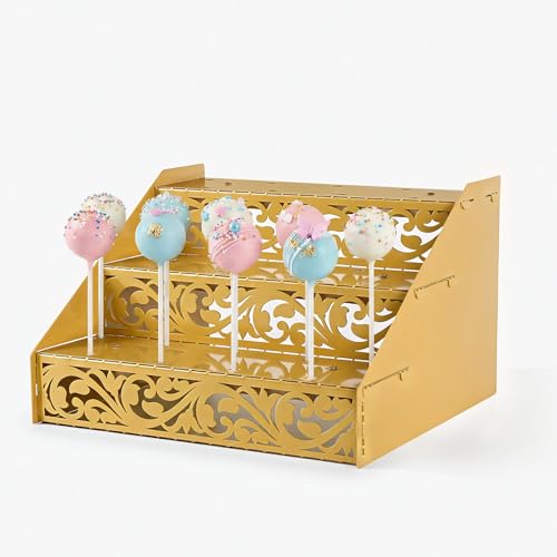 Cake Pop Stand, Gold Metal Wood 21 Holes Lollipop Holder, Collapsible 3 Tier Cake pop Sticks,Cake pop Stand for Drying Dessert Table of Baby Showers,Weddings, Birthday,Party(1pack)