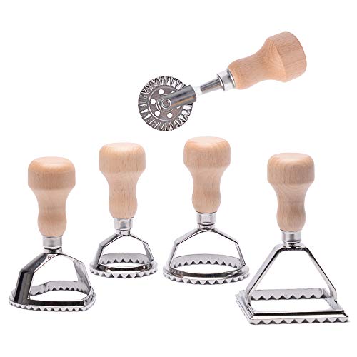 Ravioli Stamp Maker Cutter with Roller Wheel Set, Mold with Wooden Handle and Fluted Edge, Pasta Press Kitchen Attachment (MF-12456) - size: 5 piece