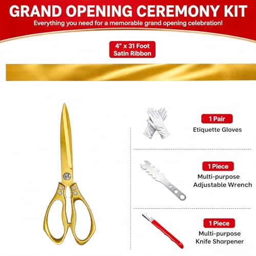 Grand Opening Ribbon Cutting Ceremony Kit –10.8" Giant Gold Scissors, 31 ft x 4“ Gold Ribbon,White Gloves,Tension Wrench & Sharpener (Gold Ribbon) - color: Gold