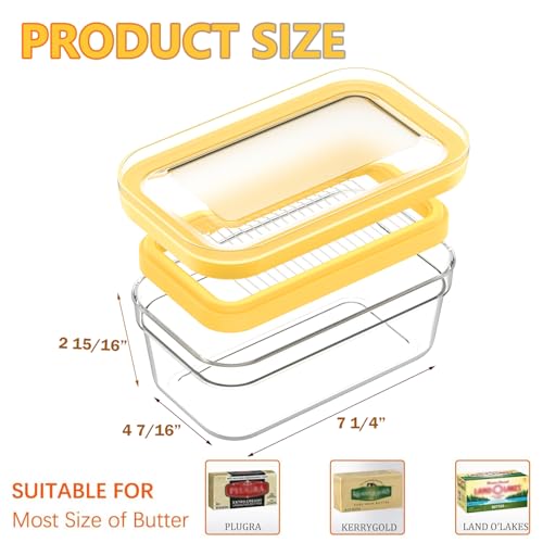 UNIVIVO 280g Butter Slicer Cutter and Airtight Container for Fridge, 2-in-1 PC Butter Dish with Stainless Steel Wires for Easy Portion Control, Slices After 15-20 Mins Softening, Clear Butter Keeper - size: Medium-Yellow