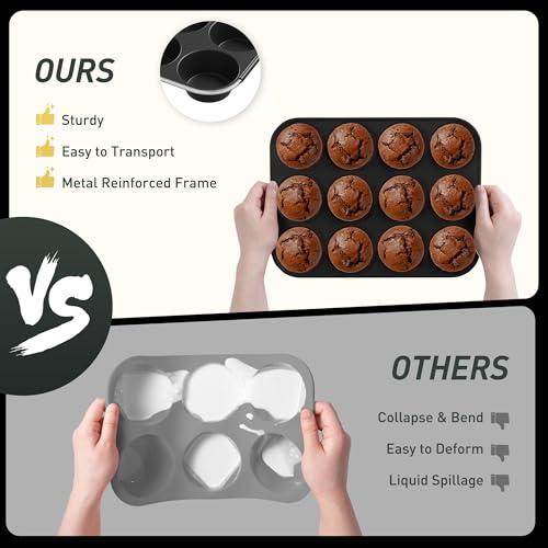 2 Pack 12 Cups Silicone Muffin Pan with Metal Reinforced Frame Regular Size Silicone Molds Cupcake Cake Baking Pans Cookie Baking Chocoflan Cupcake Mold Baking Homemade Muffins Cupcakes Egg Bites - color: Black, size: 2pc: 12-Cup Regular