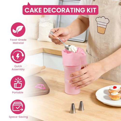 Piping Bag Holder Stand, Clear Cream Icing Bag Holder with 2 Pack 14 Inch Reusable Piping Bags, 5Pcs Pastry Bag Ties, 1 Couplers and 6 Tip for Home Bakers & Professional Chefs